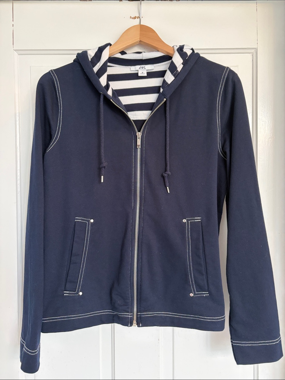 Anne Klein Navy Zip Front Hoodie with Striped Lining Size Medium